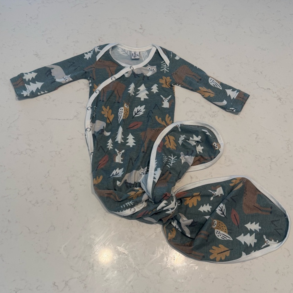 Copper & Pearl - Woodland Print Knotted Baby One-Piece - Green